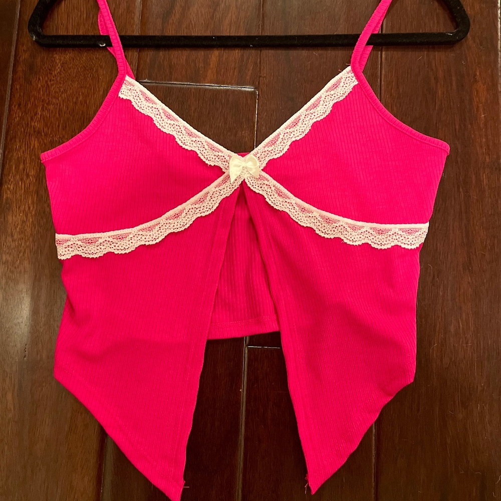 cute pink and white lace bow crop, tank top